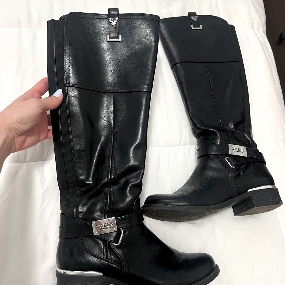 GUESS Black Leather Knee High Riding Boots